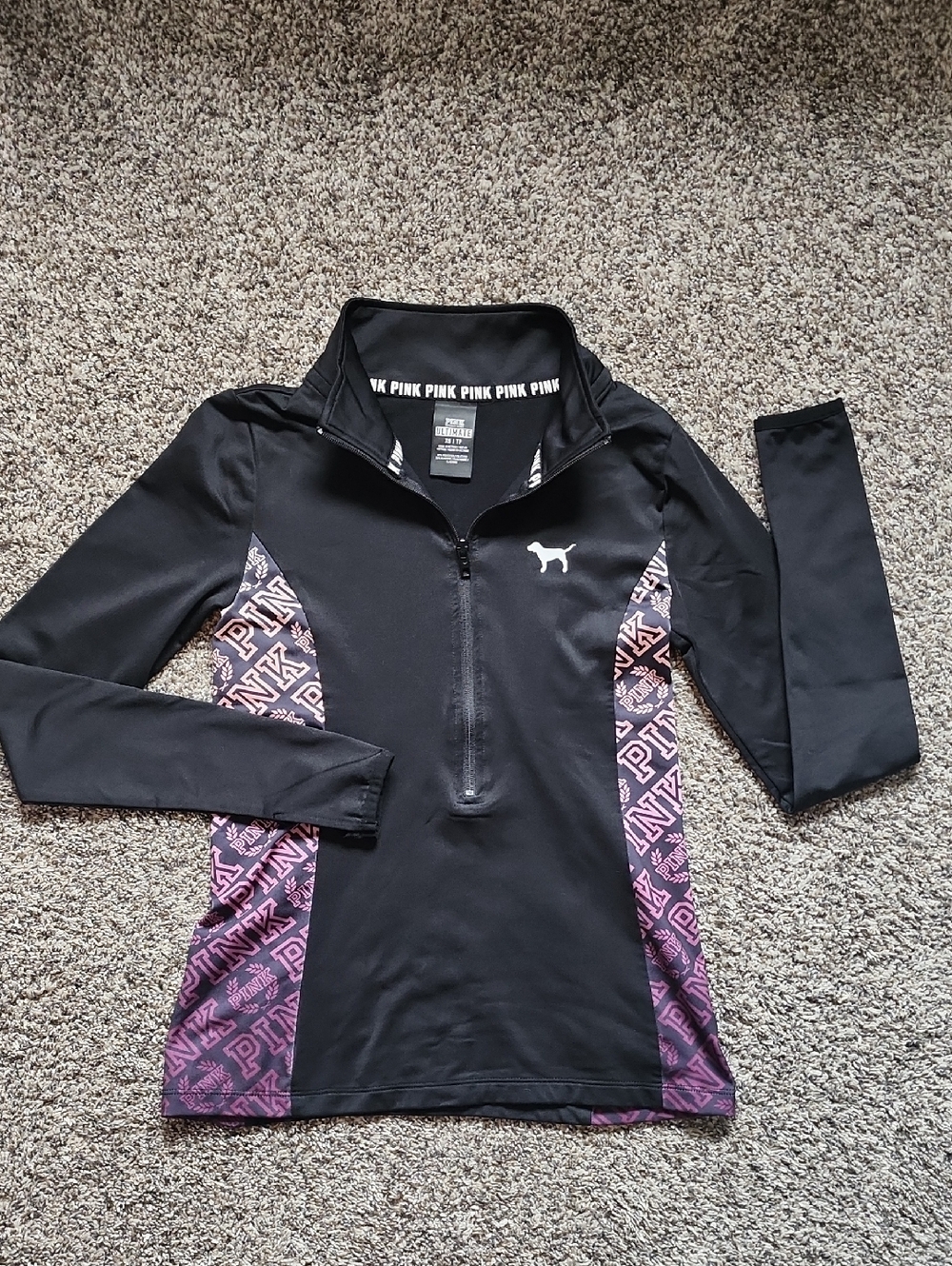 Victoria's Secret PINK Black Half-Zip Pullover with White Logo Trim